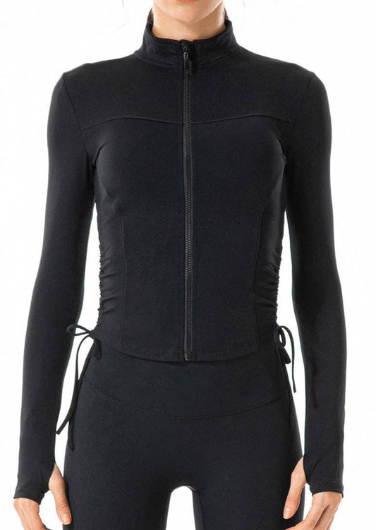 Defining Contouring Large-8-10 Seam Drawstring Ruched Zip Fitted Jacket: Black