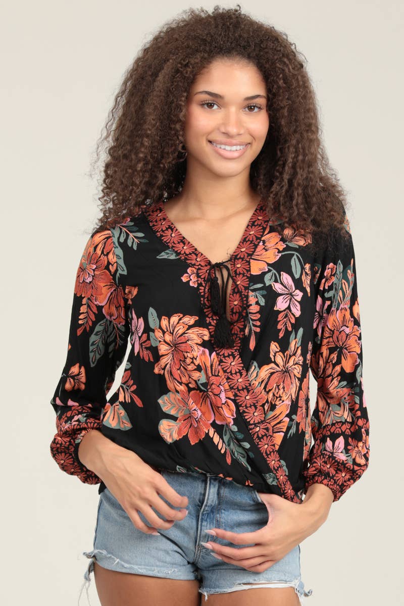 C2D66-A921 SURPLUS NECKLINE LONG SLEEVE PRINTED BLOUSE