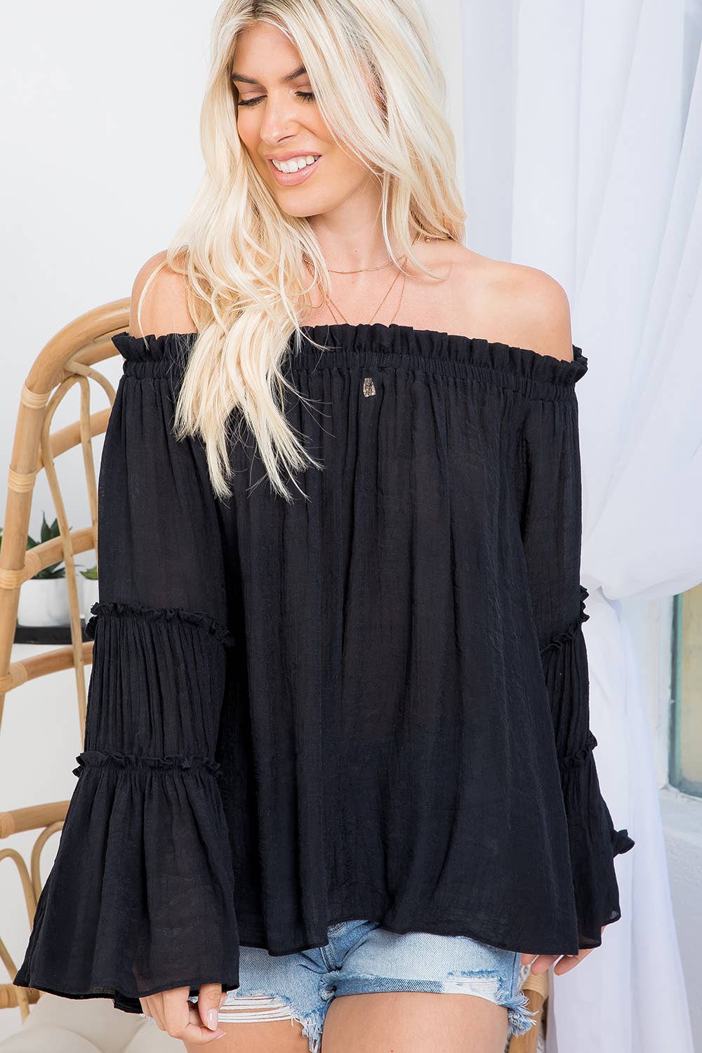 OFF SHOULDER TIERED BELL SLEEVE TOP: EARL GREY / S