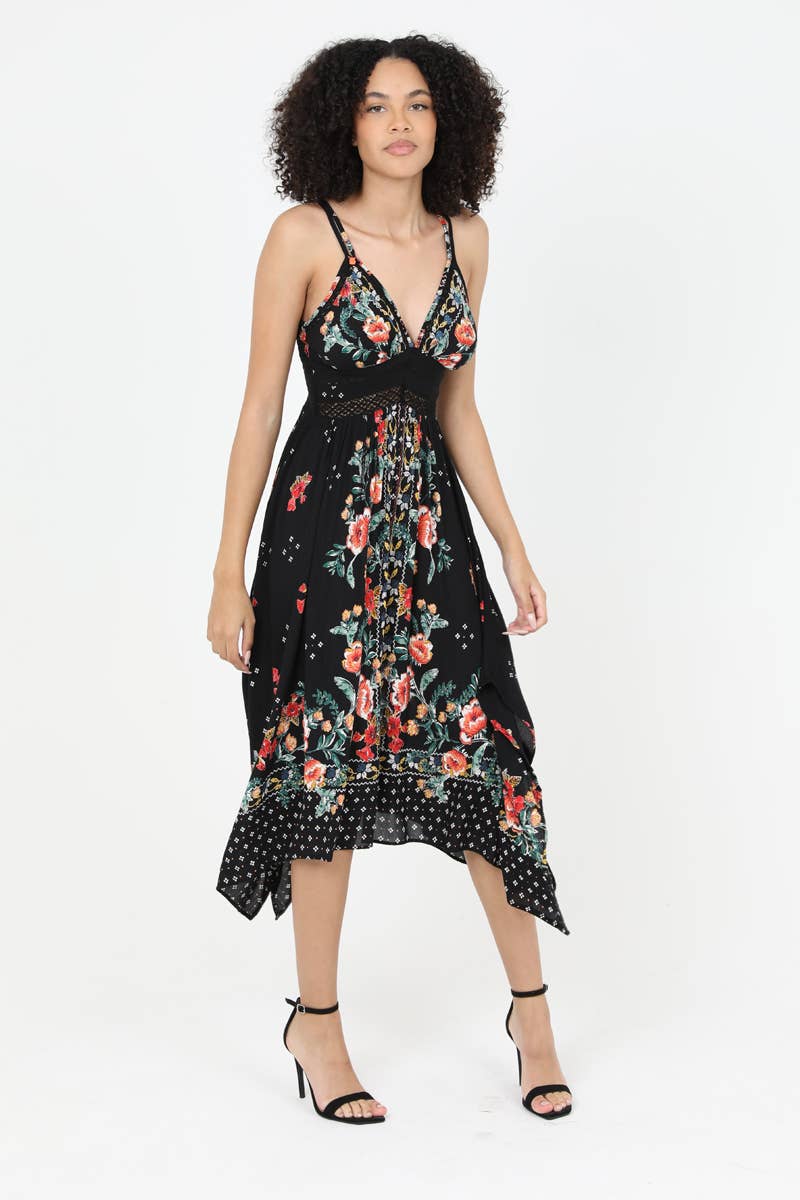 C4B17-A652 V NECK HANKY HEM MIDI DRESS WITH LACE WAIST