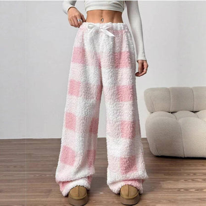 Women Drawstring Flared Plaid Print Wide Leg Casual Pants