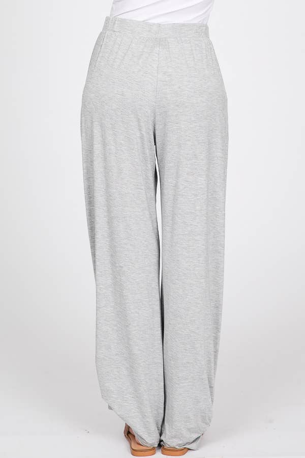 Solid Elastic Waist Side Slit Ankle Tie Pants P1462