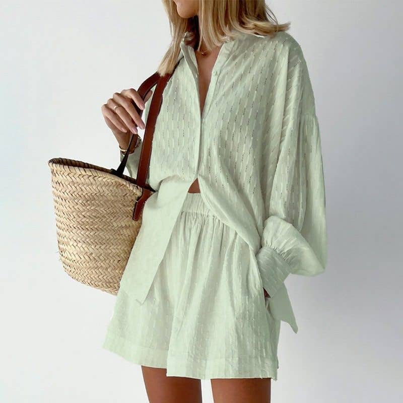 Summer Women's Blouse Bubble Sleeve Shorts Set