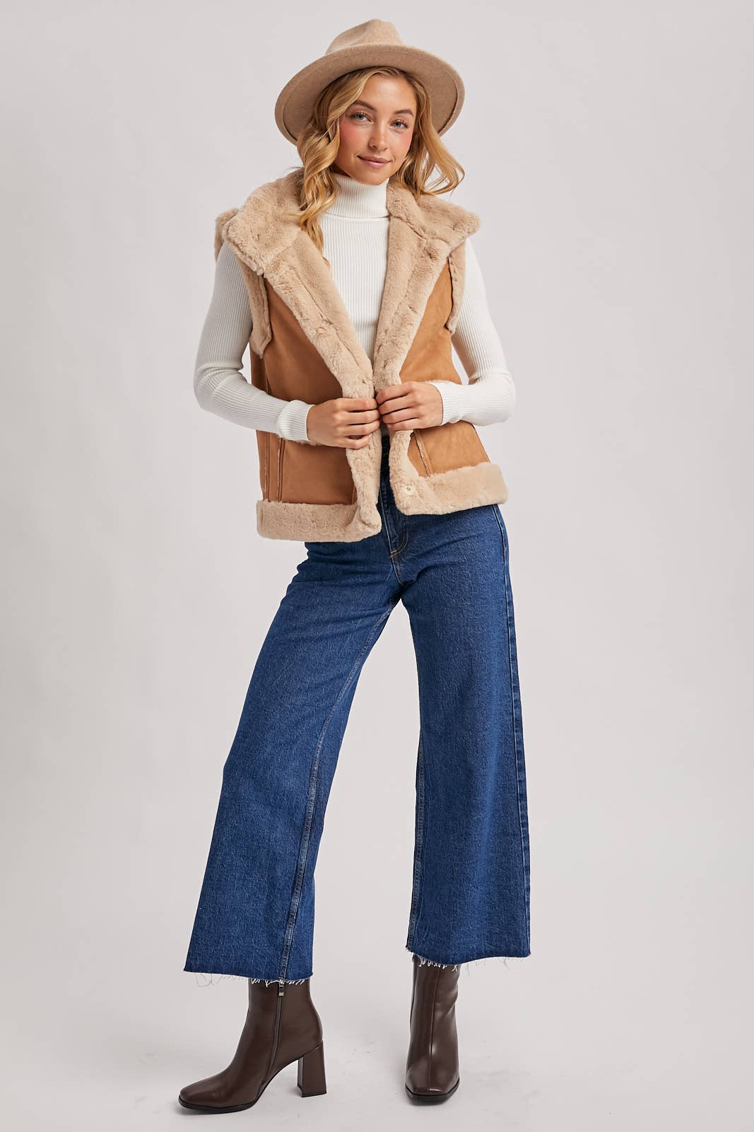 FAUX SUEDE WITH FAUX SHEARLING LINING TRIM VEST