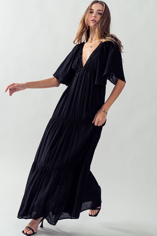DEEP V NECK TIERED MAXI DRESS: BLACK