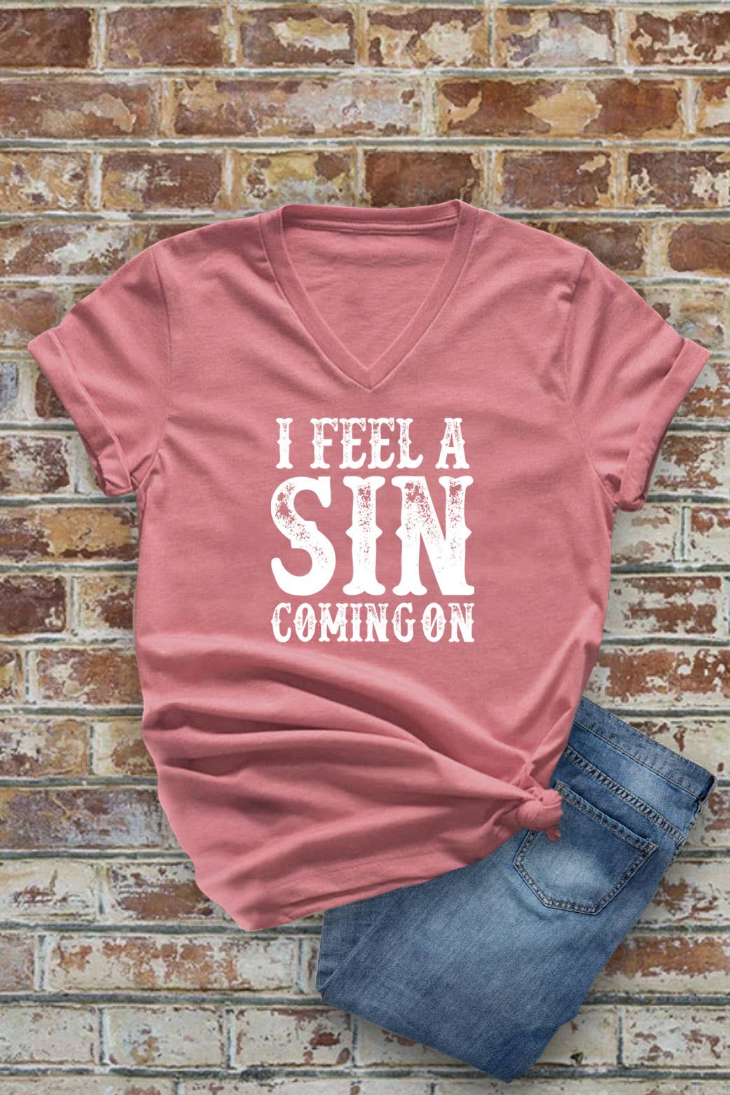 I Feel a SIN Coming On, Unisex Short Sleeve V Neck T-Shirt