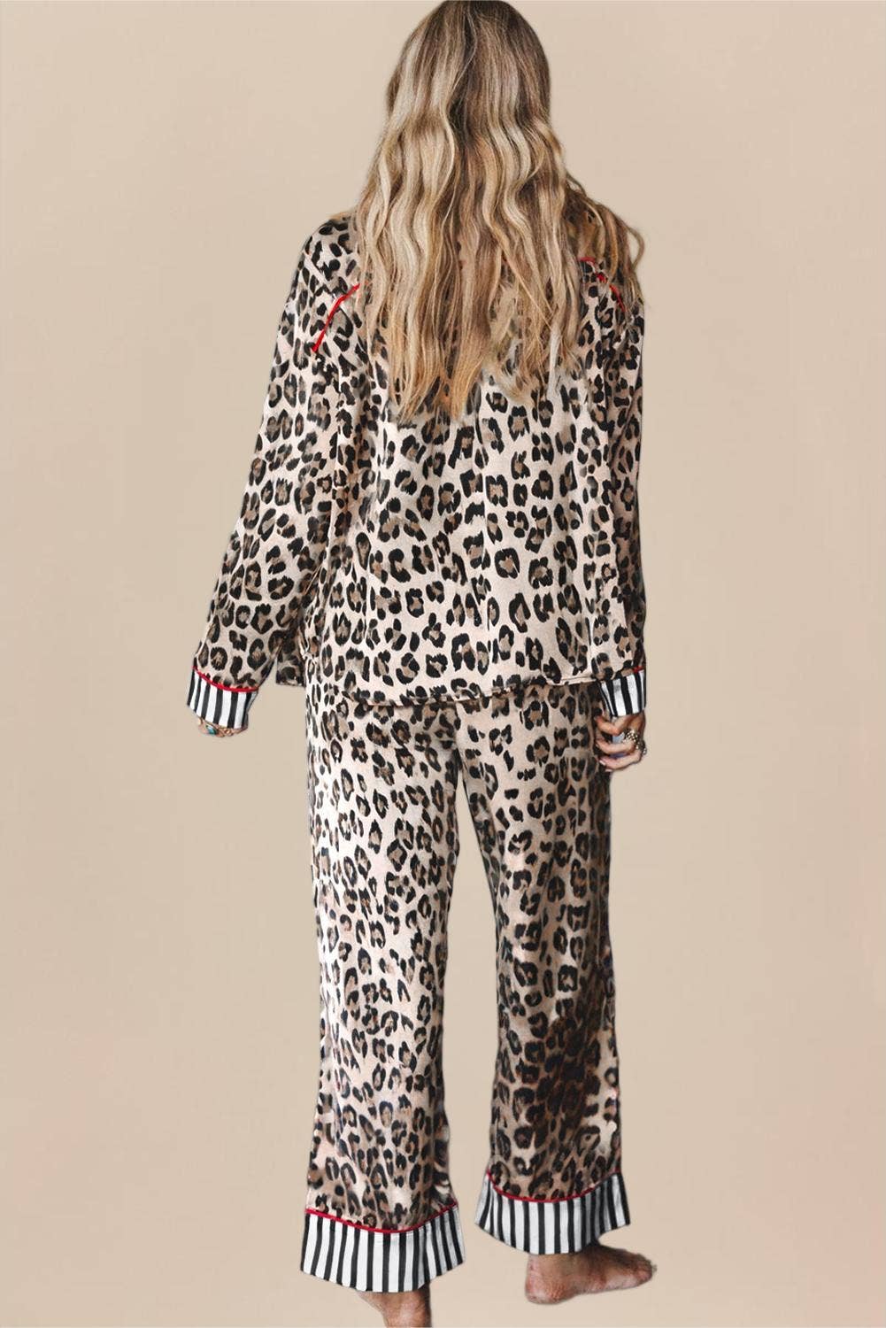 Leopard Print Striped Edge Shirt and Pants Pajama Set