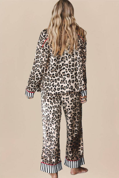 Leopard Print Striped Edge Shirt and Pants Pajama Set