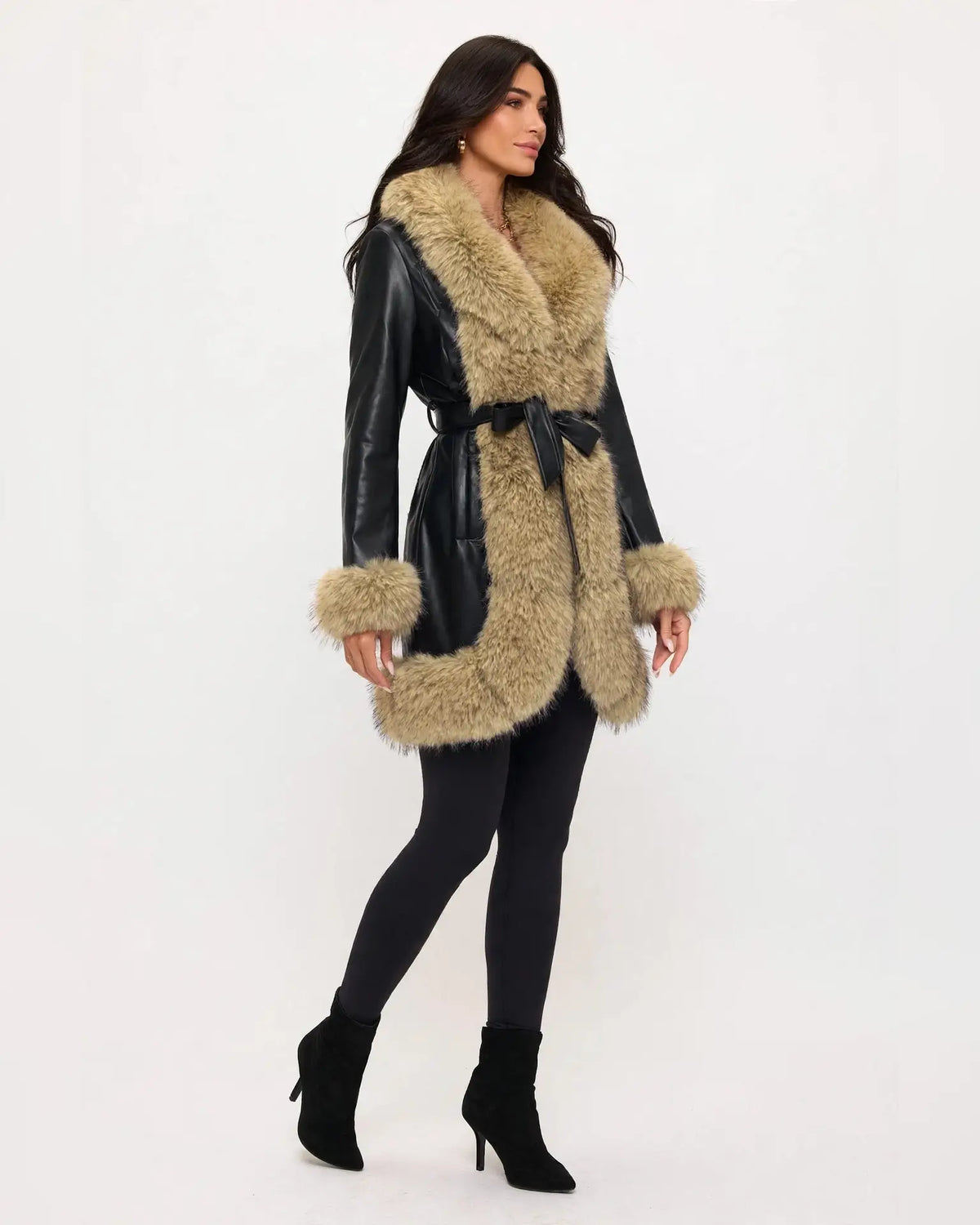 CLAPC0018: Women's Faux Leather Coat, Faux Fur Contrast Trim