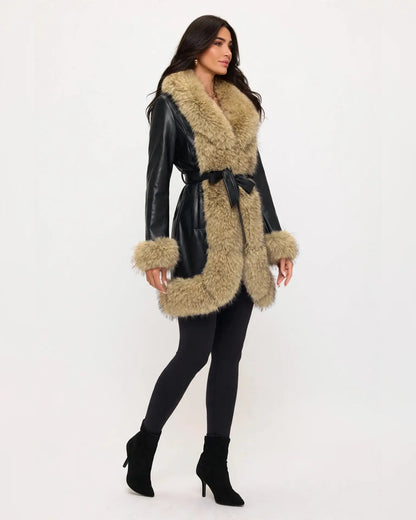 CLAPC0018: Women's Faux Leather Coat, Faux Fur Contrast Trim