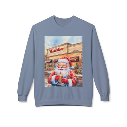 Santa with an Iced Coffee at Tim Horton's Cozy Unisex Christmas Crewneck Sweatshirt