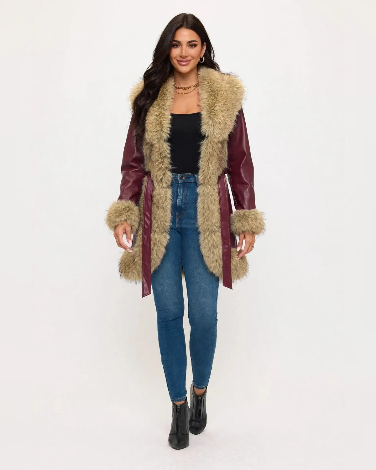 CLAPC0018: Women's Faux Leather Coat, Faux Fur Contrast Trim