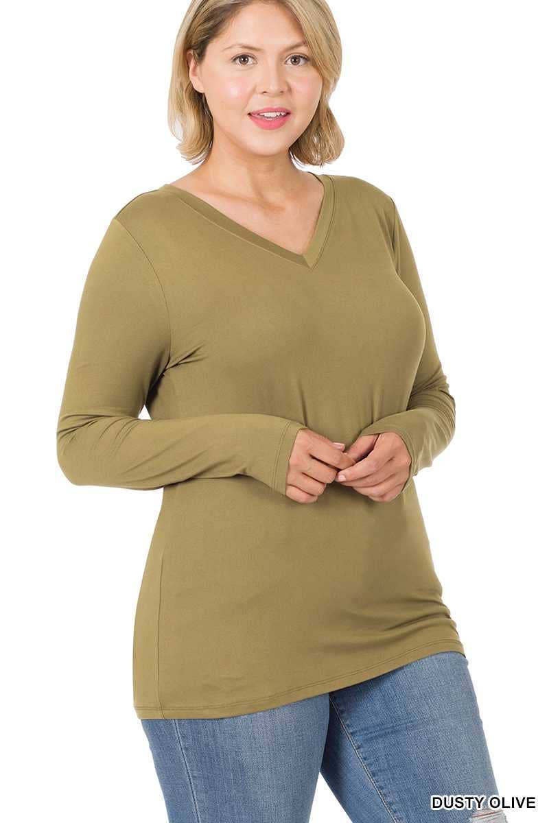 Plus Size Brushed Microfiber Long Sleeve V-neck Tee