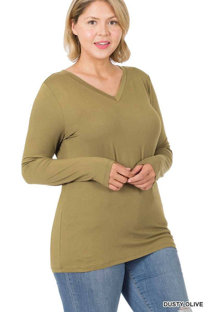 Plus Size Brushed Microfiber Long Sleeve V-neck Tee