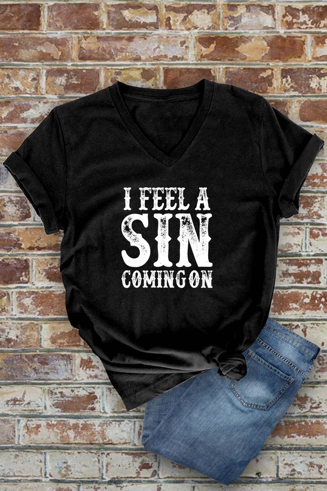 I Feel a SIN Coming On, Unisex Short Sleeve V Neck T-Shirt