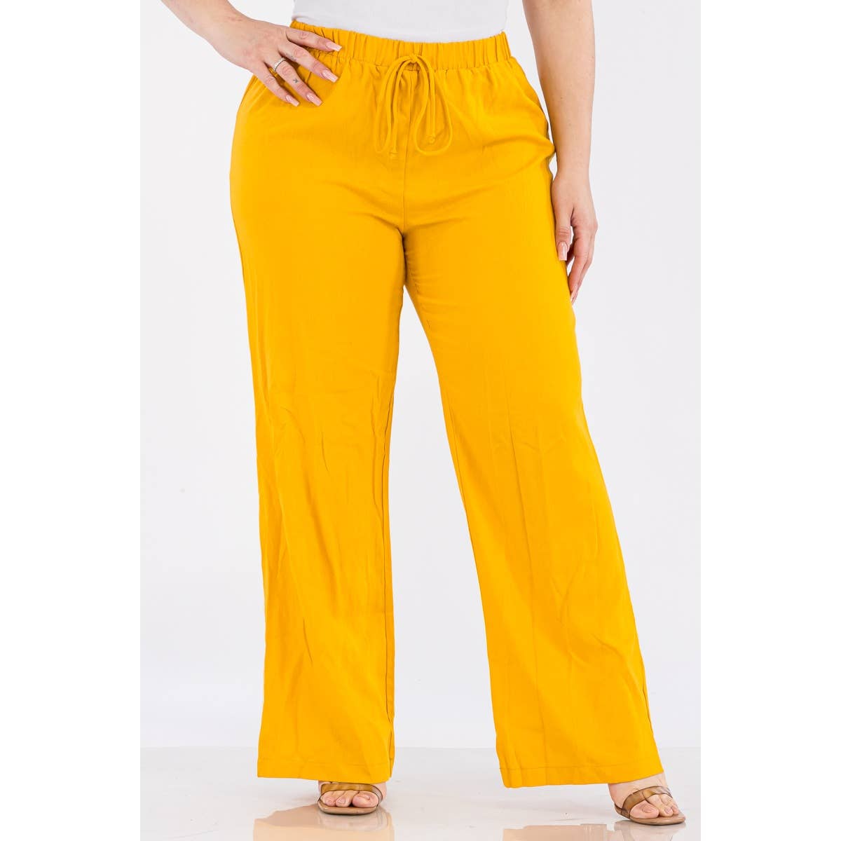 PLUS SIZE LINEN ELASTIC WAIST WIDE LEG PANTS: Black / 1X