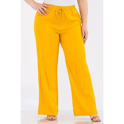 PLUS SIZE LINEN ELASTIC WAIST WIDE LEG PANTS: Black / 1X