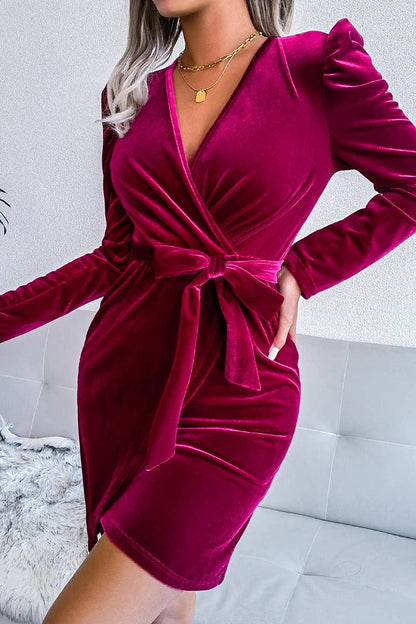 WOMEN SEXY VELVET WRAP PARTY DRESS_CWDSD1680: WINE / (S) 1