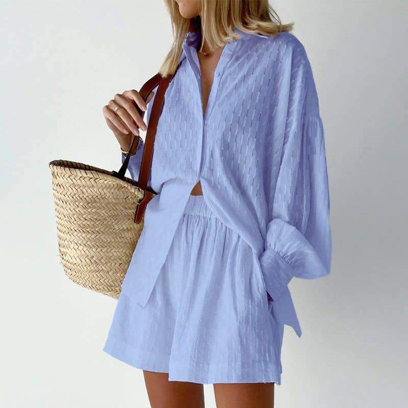 Summer Women's Blouse Bubble Sleeve Shorts Set