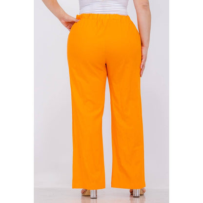 PLUS SIZE LINEN ELASTIC WAIST WIDE LEG PANTS: Black / 3X