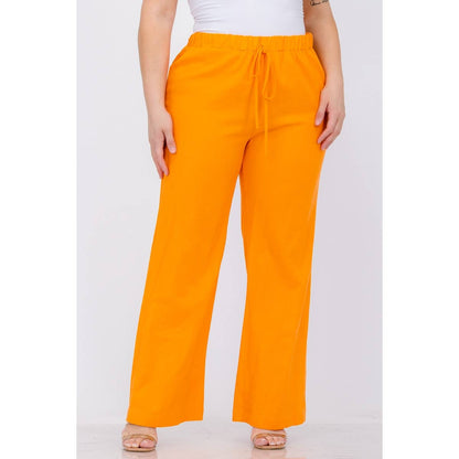 PLUS SIZE LINEN ELASTIC WAIST WIDE LEG PANTS: Black / 1X