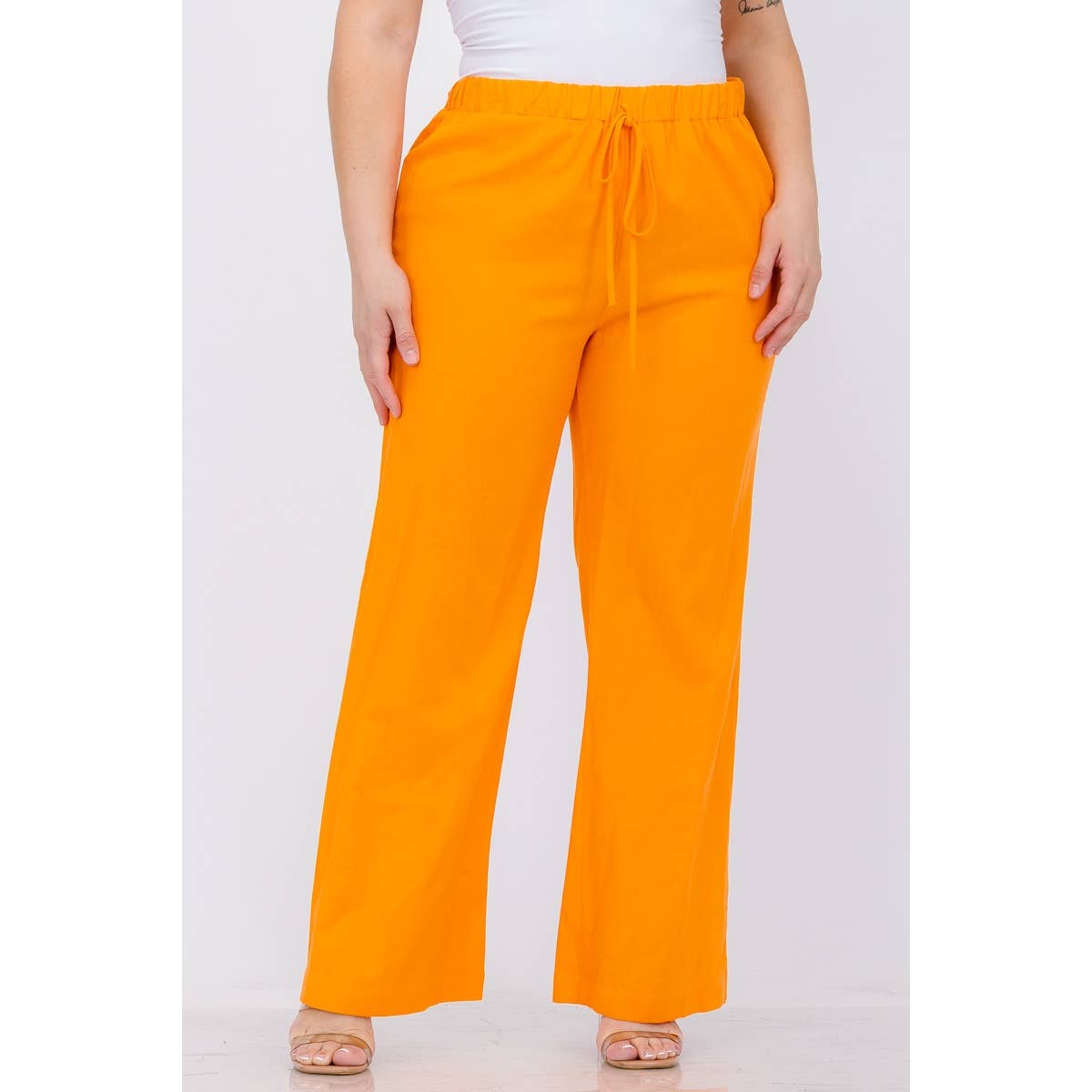 PLUS SIZE LINEN ELASTIC WAIST WIDE LEG PANTS: Black / 2X