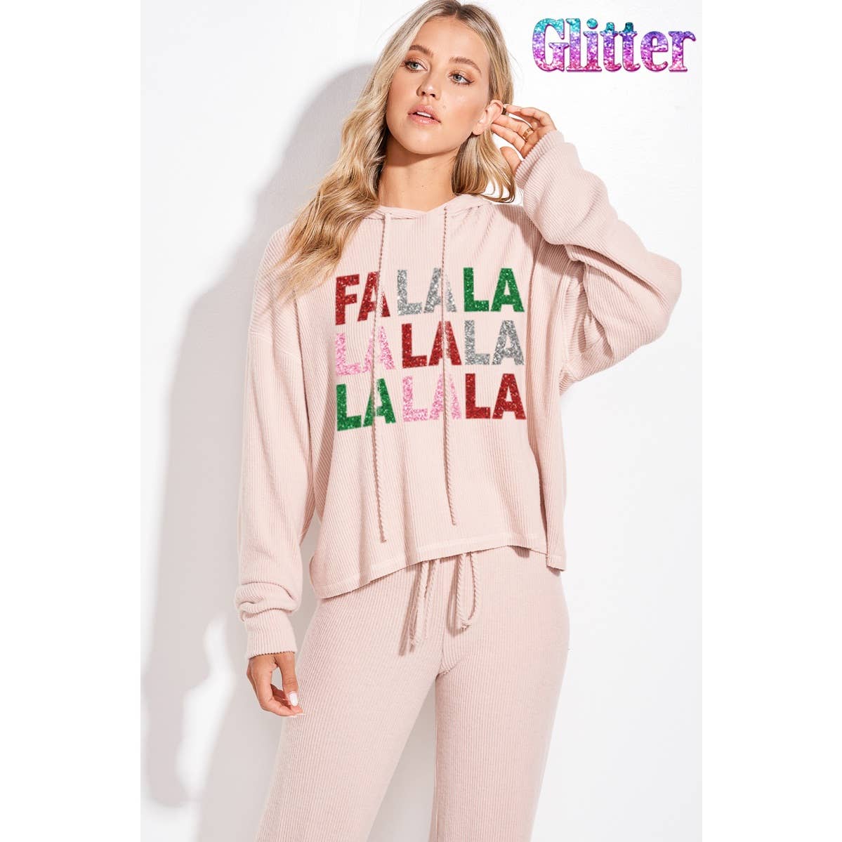 Falalala glitter print rib Hoodie loungewear set