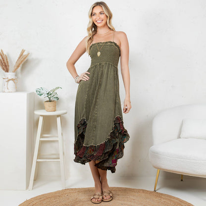 Sun-Kissed Patchwork: Smocked Bliss Boho Mid-Length Dress 