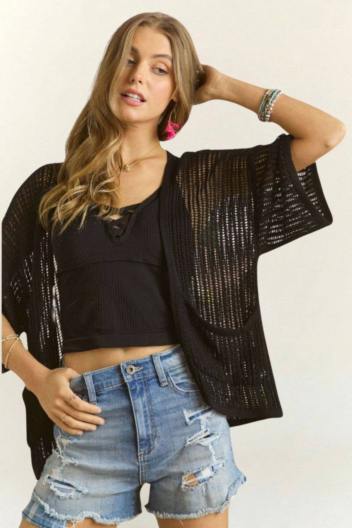 FISHNET KNIT SHORT SLEEVE KIMONO CARDIGAN-CEJ2144