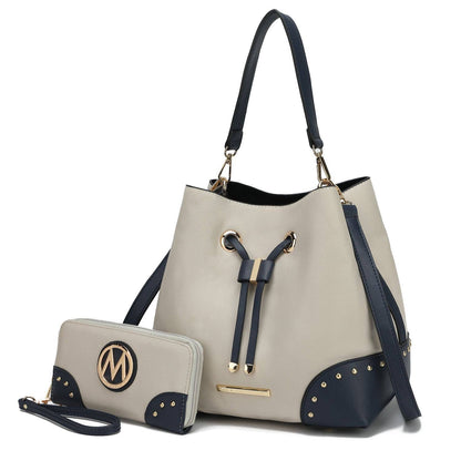 Candice Color Block Bucket Bag with matching Wallet by Mia K: Beige Coffee