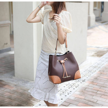 Candice Color Block Bucket Bag with matching Wallet by Mia K: Beige Coffee
