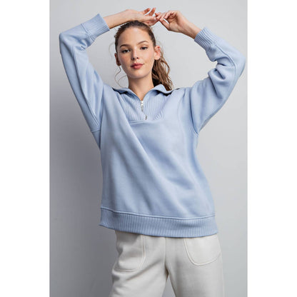 FRENCH TERRY RIBBED MOCK NECK PULLOVER: Sky Blue / S