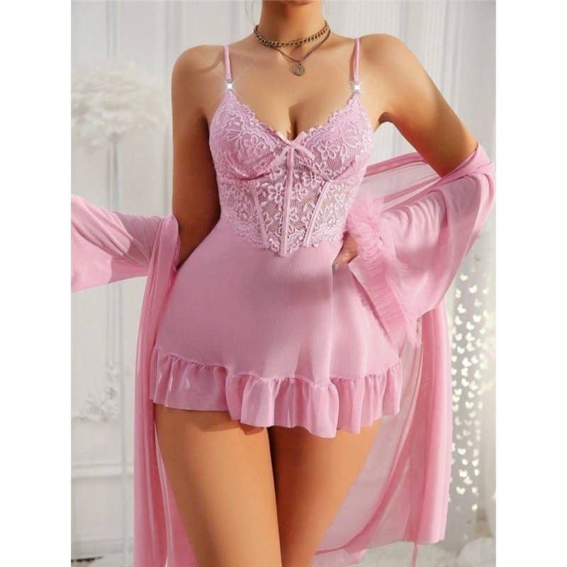 Sexy Lace Chemise Nightgown Women Summer Sleepwear Set