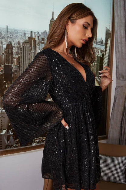 CWDSD4294_SEQUIN LONG SLEEVE MESH DEEP V SWING DRESS