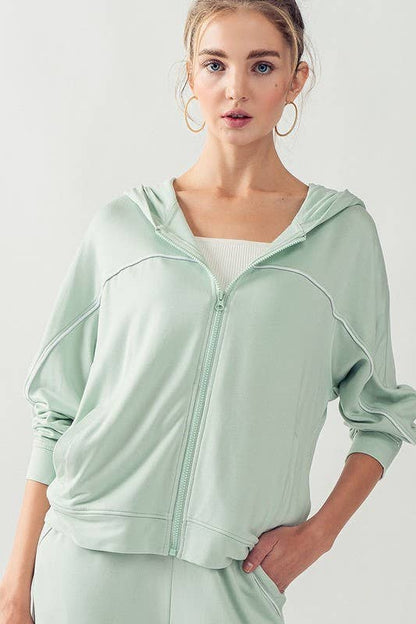 KJR11898 HOODED ZIP UP OUTER SEAM SWEATER: SURF SPRAY / S-2/M-2/L-2