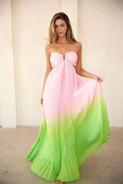 LD1065 Sweetheart neck pleated maxi halter dress: Pink/Lime / Contemporary / L