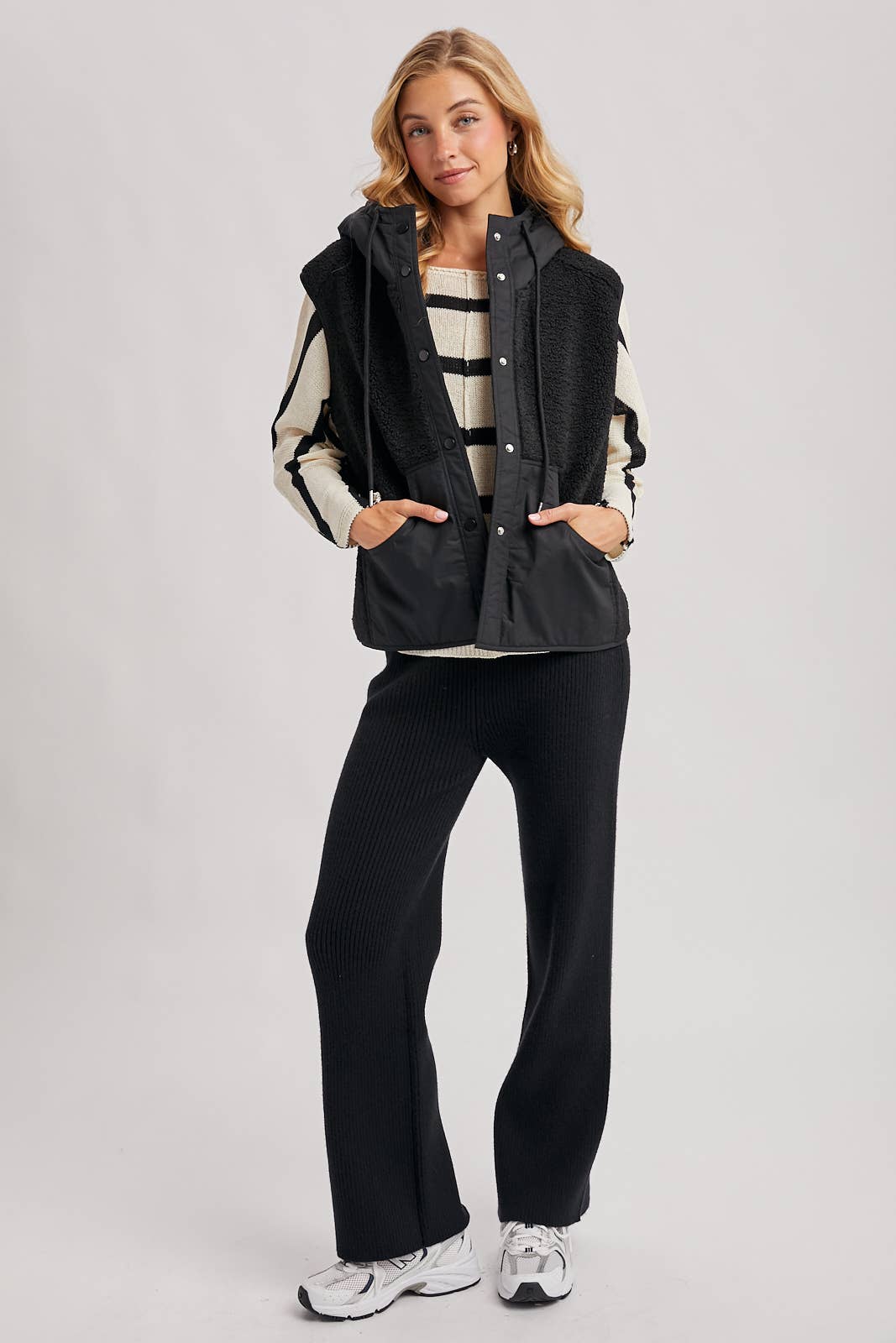 SHERPA FLEECE HOODED VEST WITH FAUX SUEDE INNER