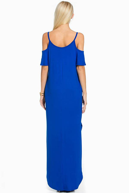 SD5050 Ruffled Cold-shoulder Maxi Dress: L / Black