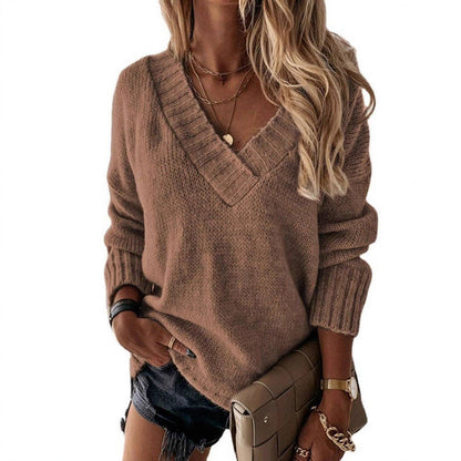 Women Solid Color V-Neck Long Sleeve Knit Pullover Sweater