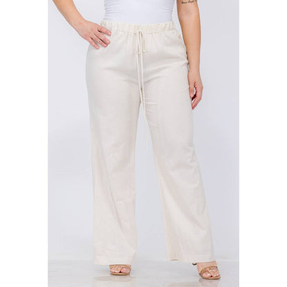 PLUS SIZE LINEN ELASTIC WAIST WIDE LEG PANTS: Black / 3X