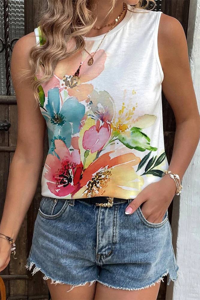 Placement Paint Floral Print Tank Top AXR046: White / 2XL