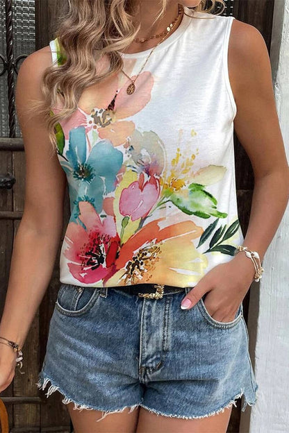 Placement Paint Floral Print Tank Top AXR046: White / M