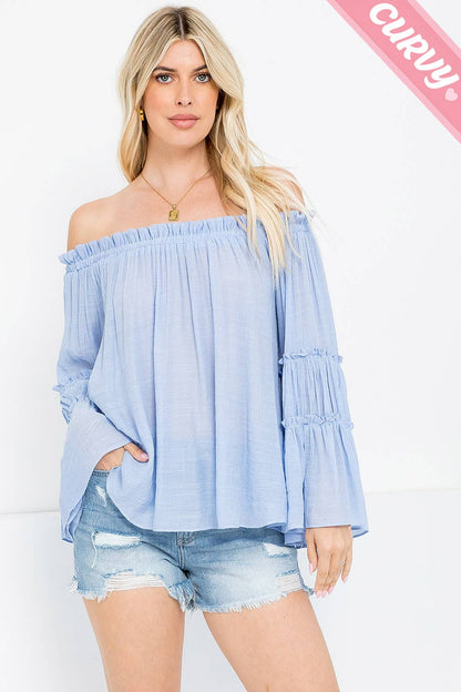 PLUS SIZE  OFF SHOULDER TIERED SLEEVE TOP: ICE BLUE / Plus Size / 2XL