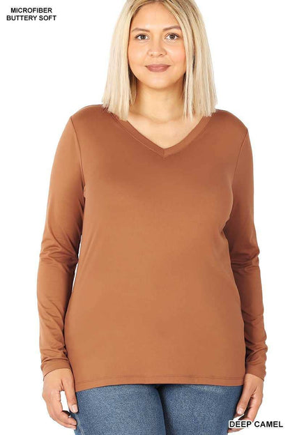 Plus Size Brushed Microfiber Long Sleeve V-neck Tee