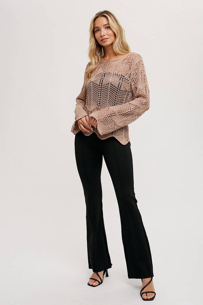 Open Knit Sweater Pullover - Scallop Hem: LATTE / L