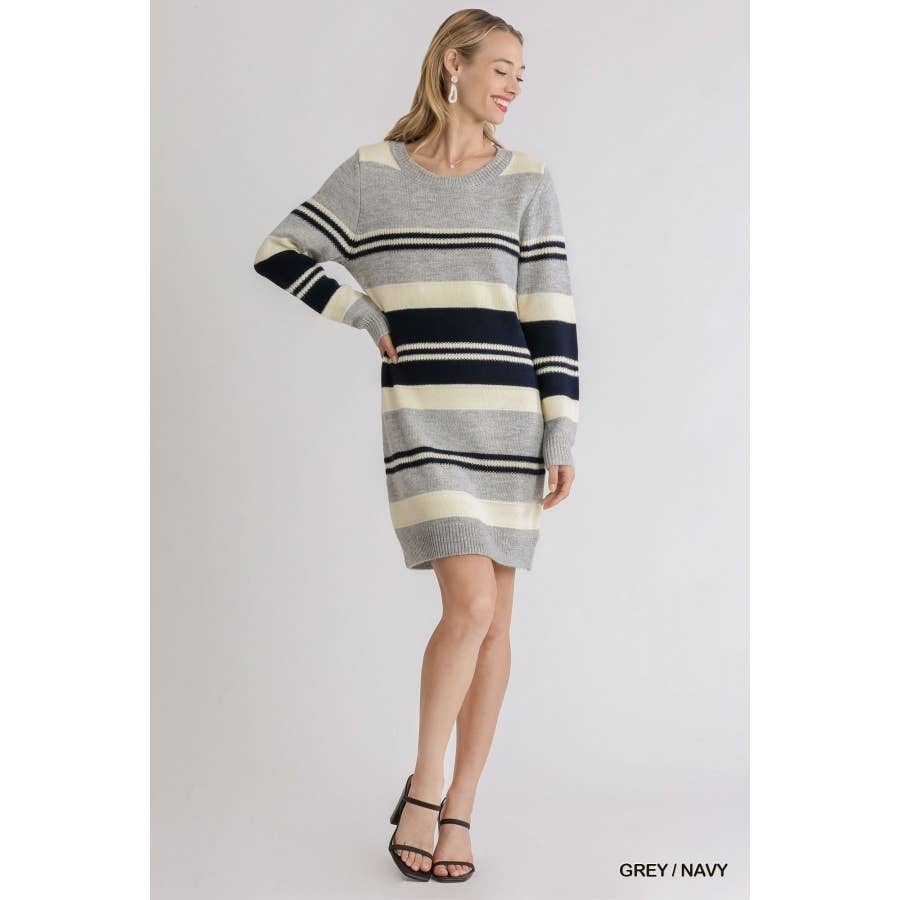 Multi Stripe Long Sleeve Knit Sweater Dress: Grey Navy / M