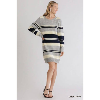 Multi Stripe Long Sleeve Knit Sweater Dress: Grey Navy / S