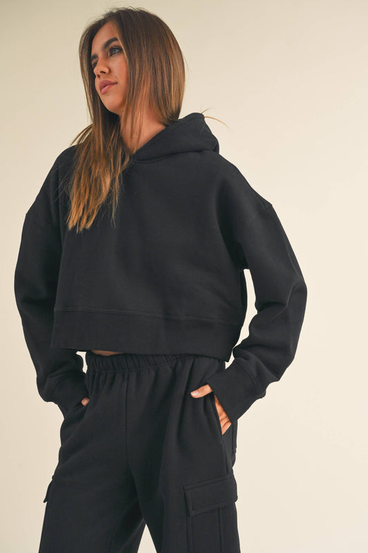 FLEECE SWEATSHIRT WITH HOODIE: BLACK / S T3134ST