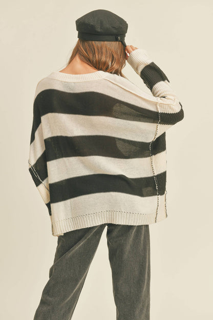 MMT1414 M WIDE BAND PATTERNED SWEATER TOP: BLACK/WHITE / M
