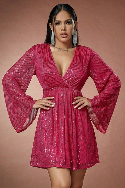 CWDSD4294_SEQUIN LONG SLEEVE MESH DEEP V SWING DRESS
